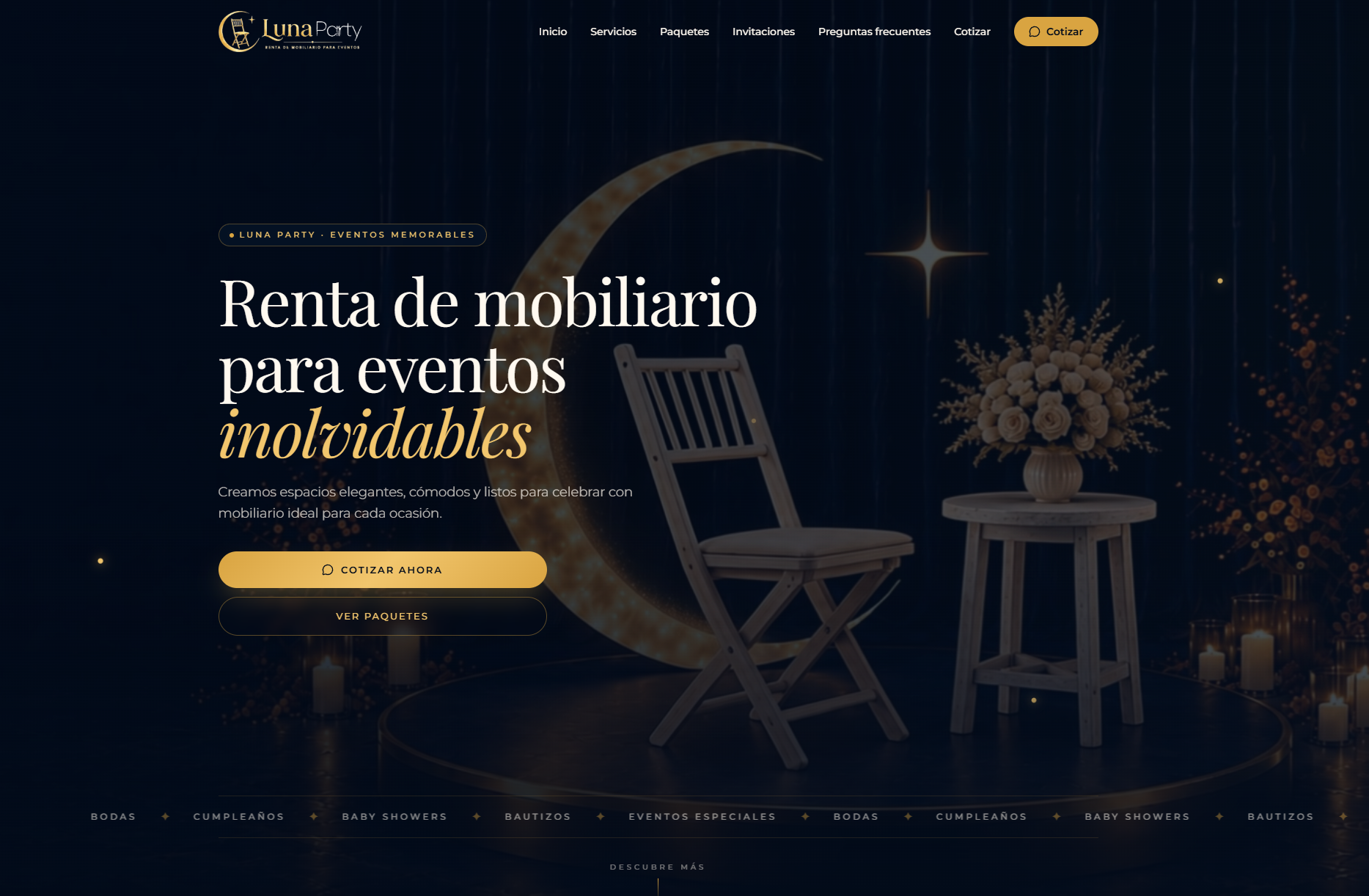 Vista previa real de la landing page de Luna Party creada por SpaceFlix Digital Studio